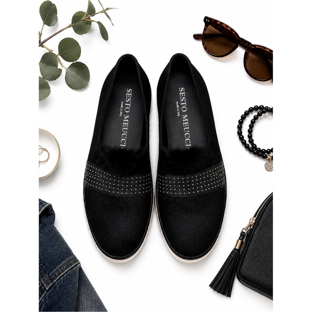 Sesto Meucci Black Pony Hair Studded Slip On Sneakers Italy Womens Size 7M EUC